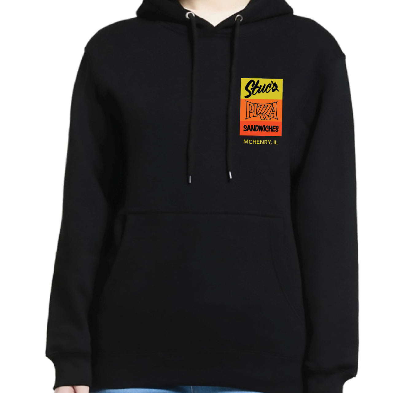 Black hoodie with a yellow and red logo on a white background