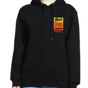 Black hoodie with a yellow and red logo on a white background