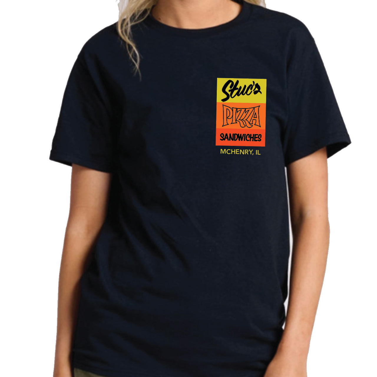 Person wearing a black t-shirt with a colorful logo on a white background