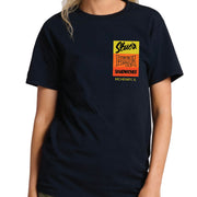 Person wearing a black t-shirt with a colorful logo on a white background