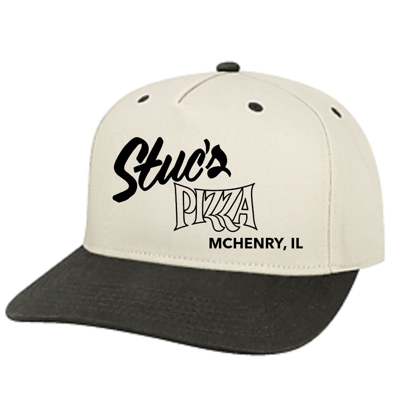 Beige and black cap with 'Stuc's Pizza McHenry, IL' text on a white background