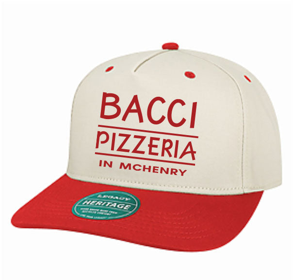 Cap with 'Bacci Pizzeria in McHenry' text on a white background