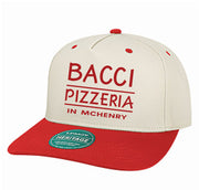 Cap with 'Bacci Pizzeria in McHenry' text on a white background