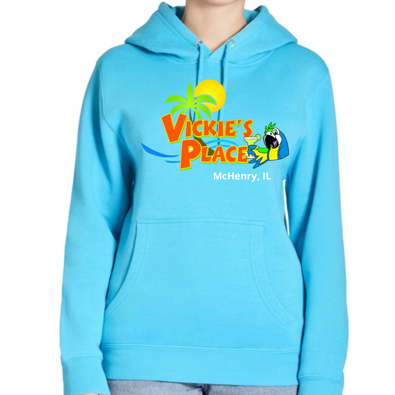 Blue hoodie with 'Vickie's Place McHenry, IL' logo on a white background