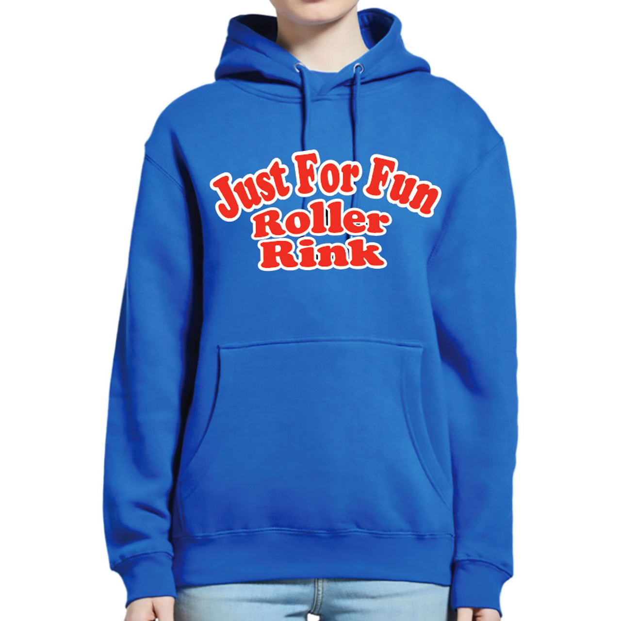 Blue hoodie with 'Just For Fun Roller Rink' text on a white background