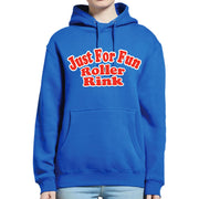 Blue hoodie with 'Just For Fun Roller Rink' text on a white background