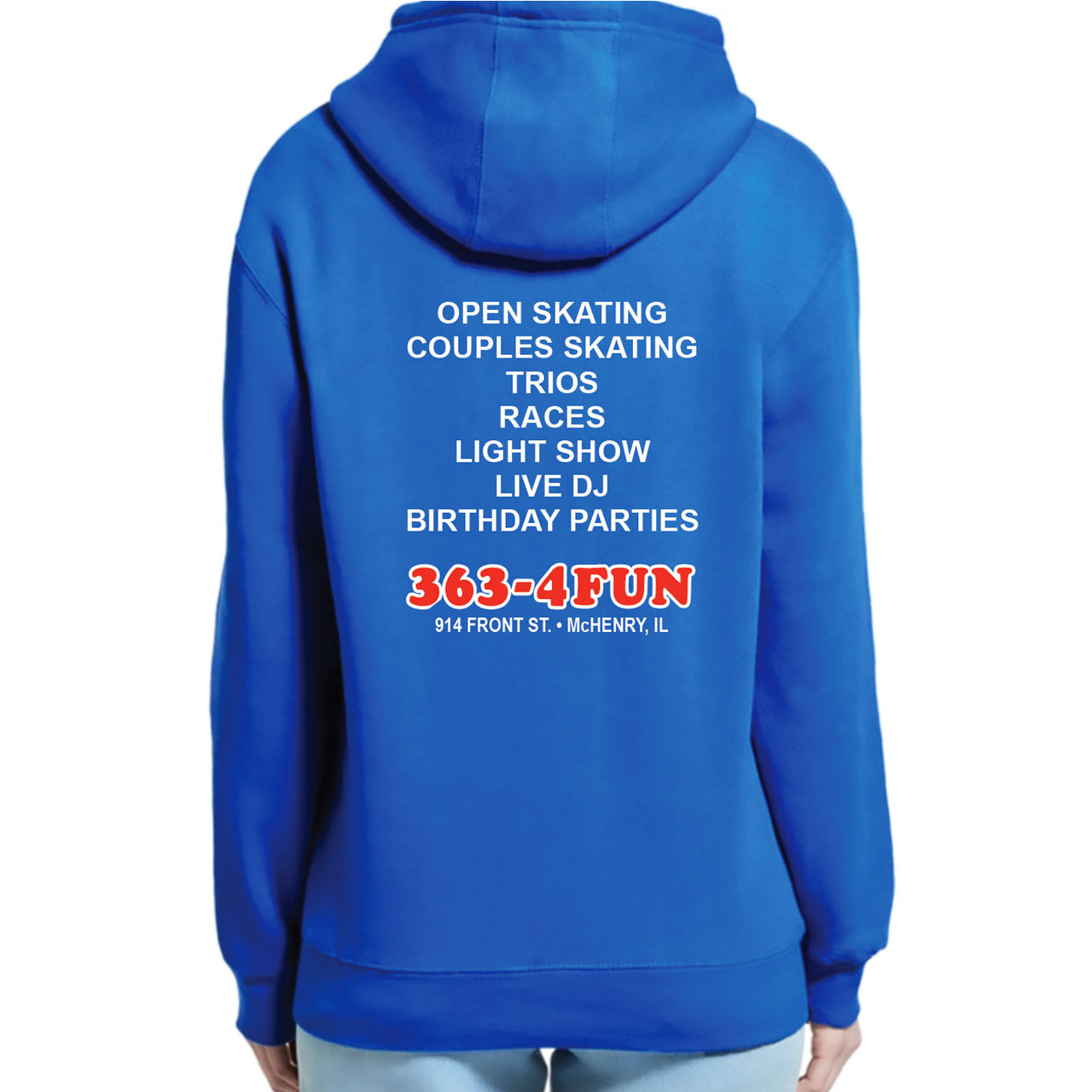 Blue hoodie with text on the back on a white background
