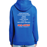 Blue hoodie with text on the back on a white background