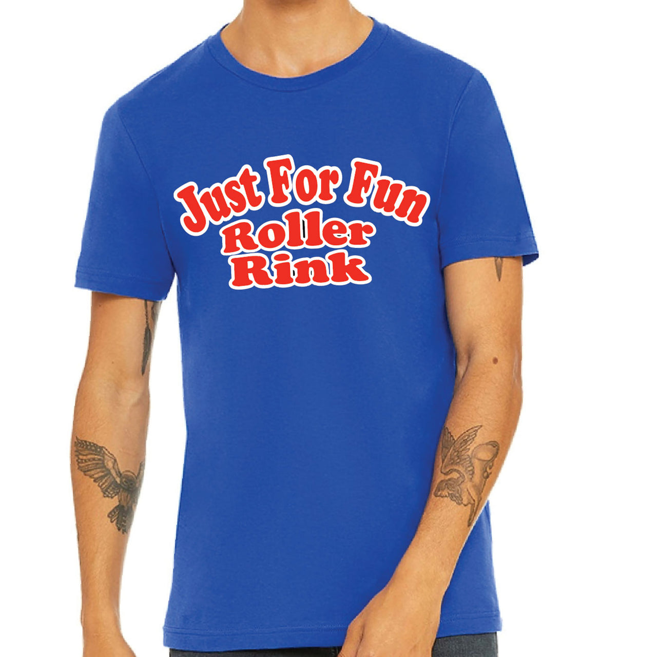Person wearing a blue t-shirt with 'Just For Fun Roller Rink' text on a white background