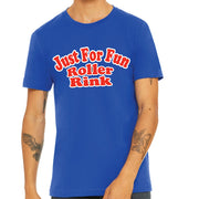 Person wearing a blue t-shirt with 'Just For Fun Roller Rink' text on a white background