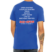 Blue t-shirt with white and red text on the back, displayed on a person.