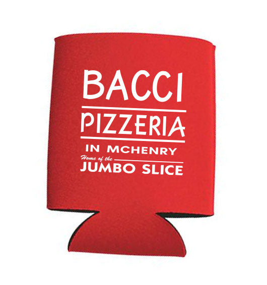 Red can cooler with 'Bacci Pizzeria' text on a white background