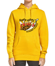 Yellow hoodie with a graphic design on a white background