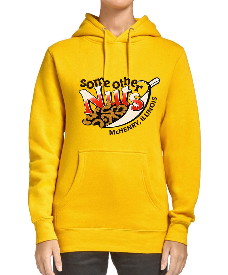 Yellow hoodie with a graphic design on a white background