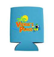 Blue can cooler with 'Vickie's Place' logo featuring palm trees and a sun.