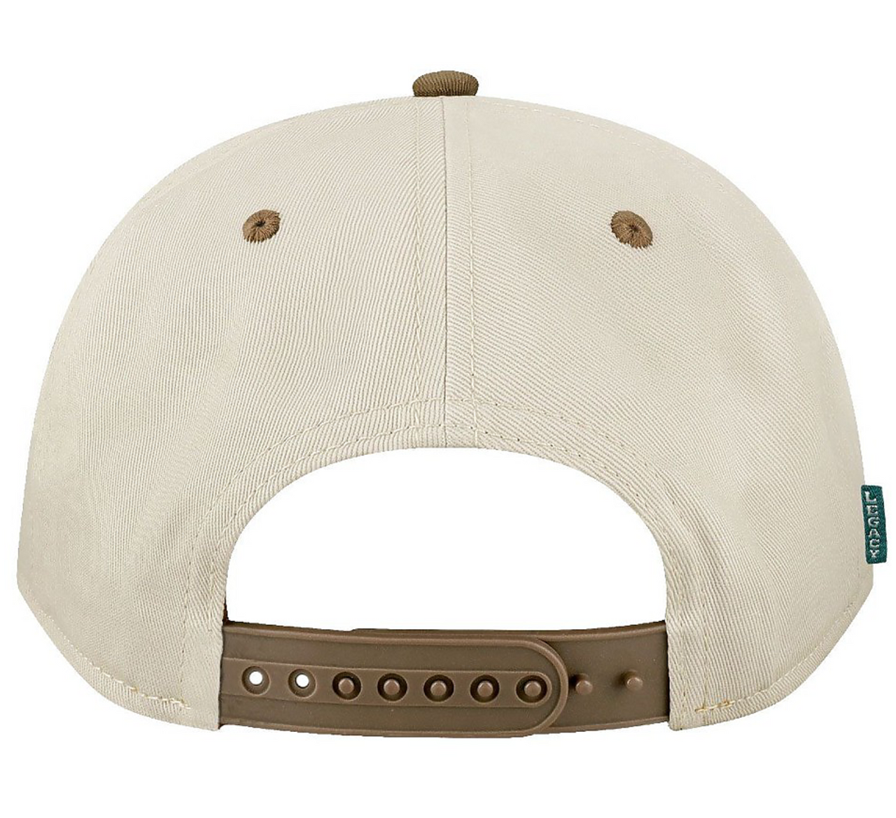 Beige cap with brown brim and stitching on a white background