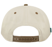 Beige cap with brown brim and stitching on a white background