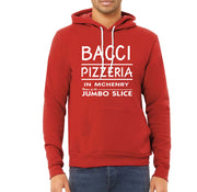 Red hoodie with 'Bacci Pizzeria' text on a white background