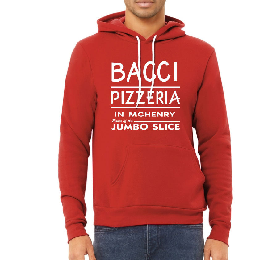 Red hoodie with 'Bacci Pizzeria' text on a white background