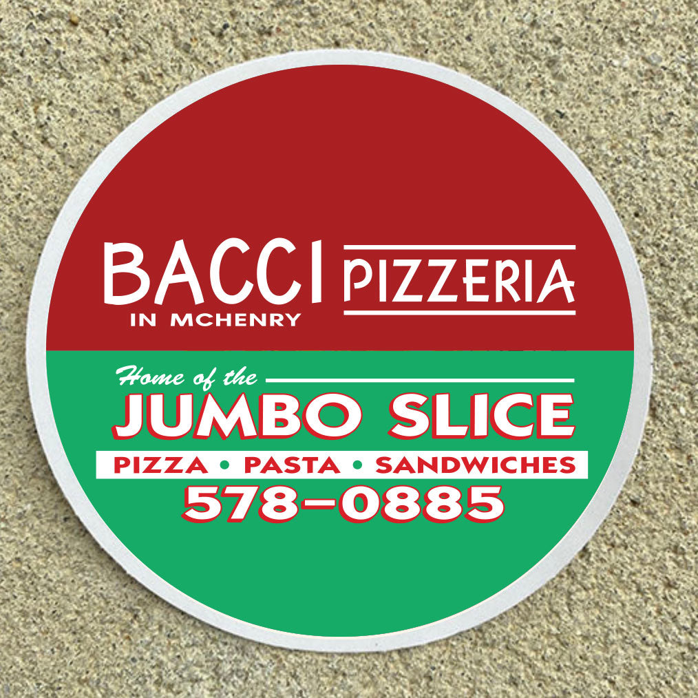 Round sign for Bacci Pizzeria with contact information on a textured surface