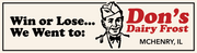 Vintage-style advertisement for Don's Dairy Frost ice cream, featuring a cartoon character and text.