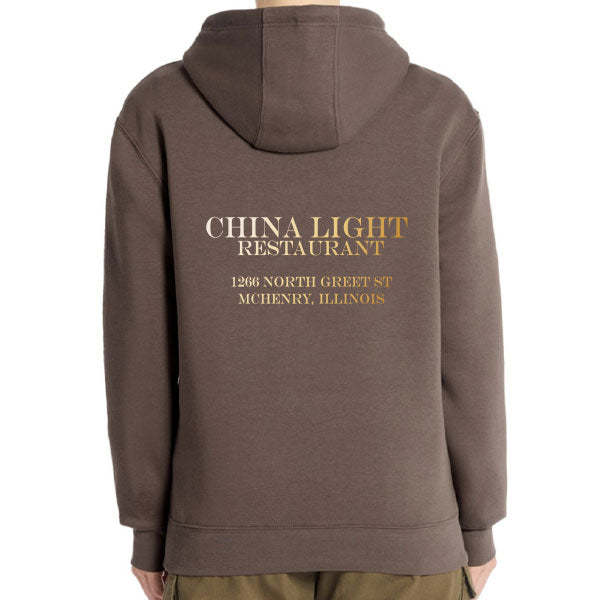Brown hoodie with 'China Light Restaurant' text on the back