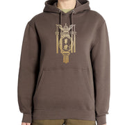 Brown hoodie with gold emblem on a white background