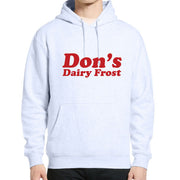 White hoodie with 'Don's Dairy Frost' text on a white background