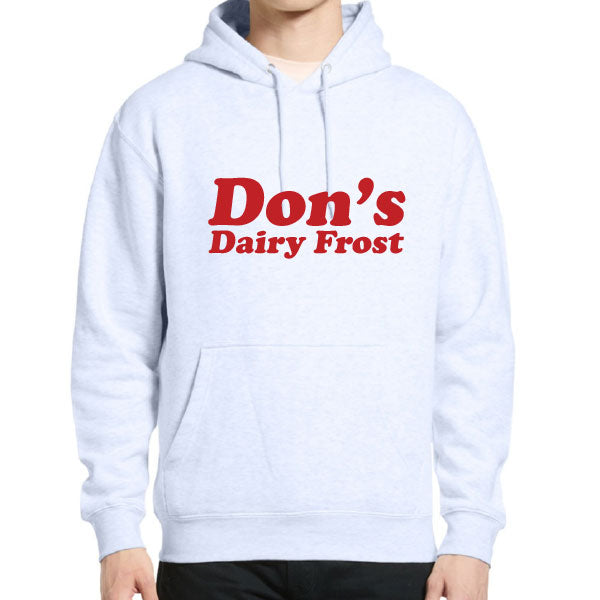White hoodie with 'Don's Dairy Frost' text on a white background