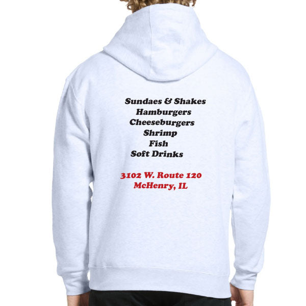 White hoodie with text on the back on a white background
