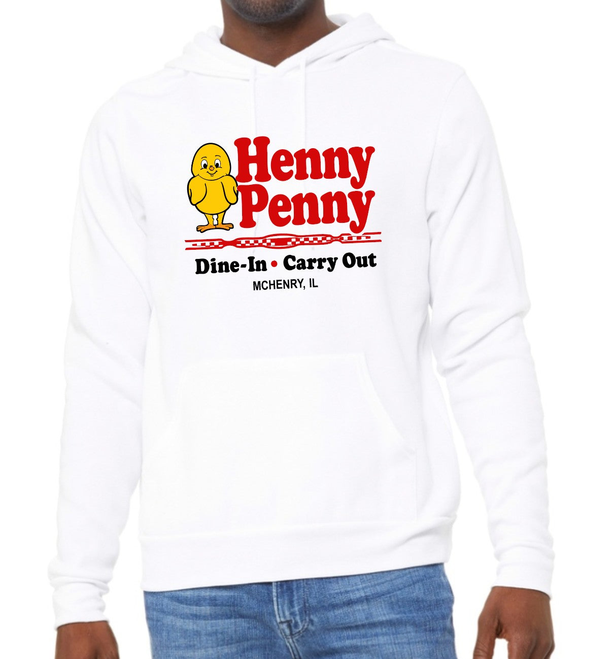 White hoodie with Henny Penny logo worn by a person on a white background