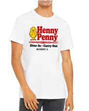 Person wearing a white t-shirt with Henny Penny restaurant logo