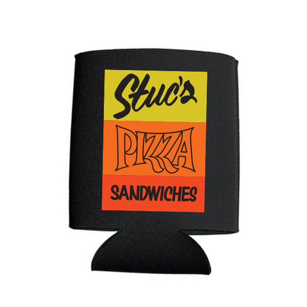 Black can cooler with 'Stuc's Pizza Sandwiches' design on a white background