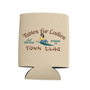 Beige can cooler with vintage-style graphic and text on a white background