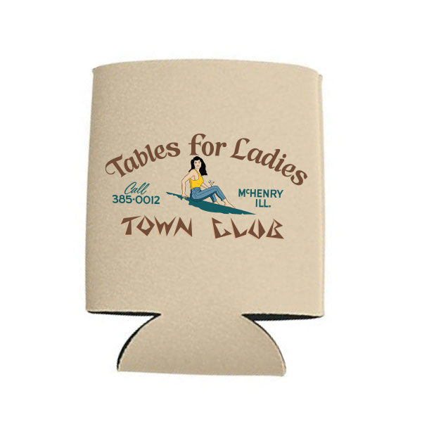 Beige can cooler with vintage-style graphic and text on a white background