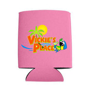 Pink can cooler with 'Vickie's Place' logo featuring palm trees and a parrot on a white background