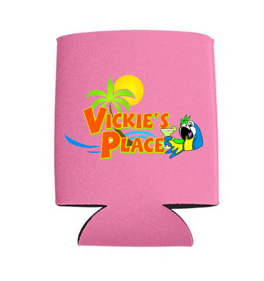 Pink can cooler with 'Vickie's Place' logo featuring palm trees and a parrot on a white background