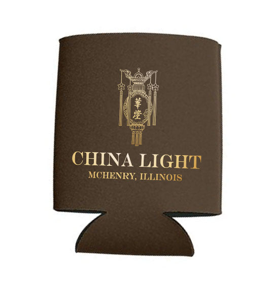 Brown can cooler with 'China Light' logo and text on a white background