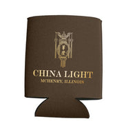 Brown can cooler with 'China Light' logo and text on a white background
