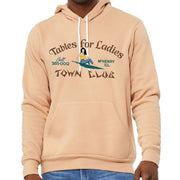 Beige hoodie with graphic design on a white background