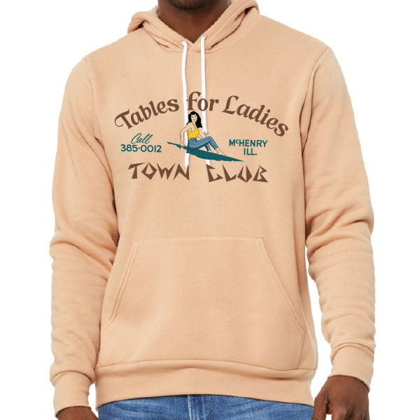 Beige hoodie with graphic design on a white background