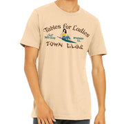 Beige t-shirt with graphic design and text on a white background